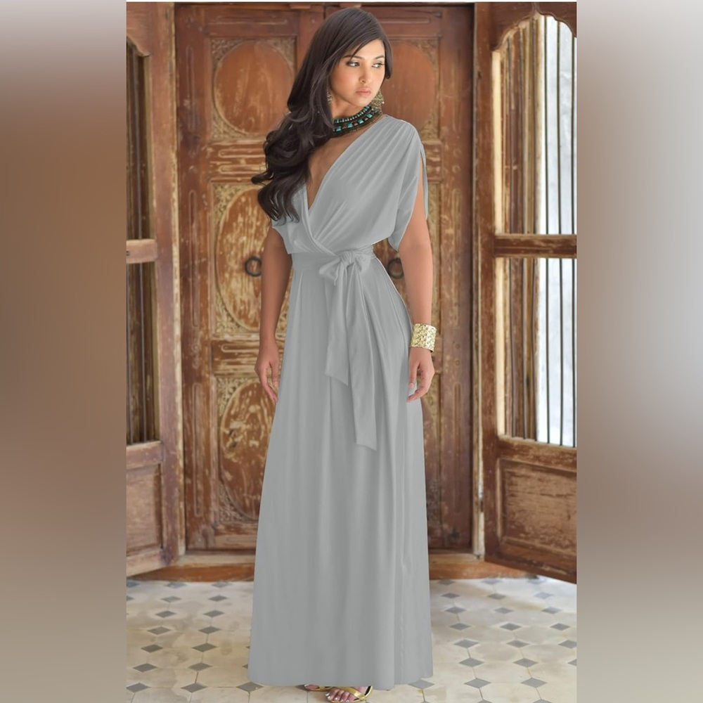 👗 NWT Women’s Long Semi-Formal Short Sleeve V-Neck Floor Length Maxi Dress.KOH - Picture 4 of 12